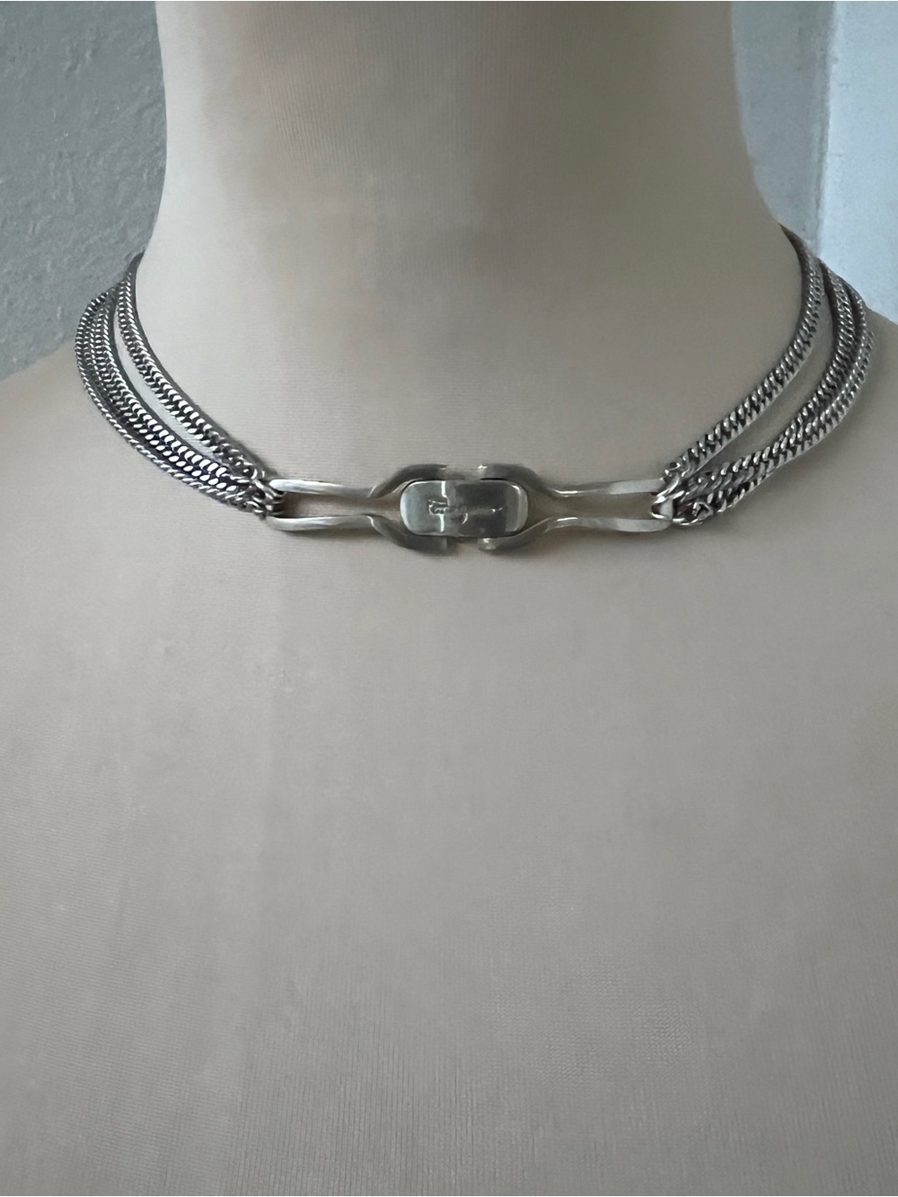 Ferragamo Vintage Hardware Necklace Silver Double Cuban Choker 14.5-15β - Picture 6 of 6